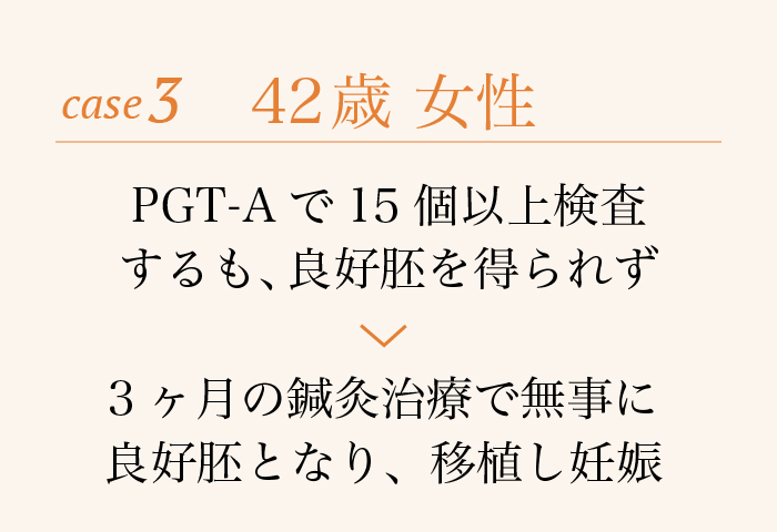 case3.42歳 女性 PGT-Aで15個以上検査するも、良好胚を得られず→3ヶ月の鍼灸治療で無事に良好胚となり、移植し妊娠