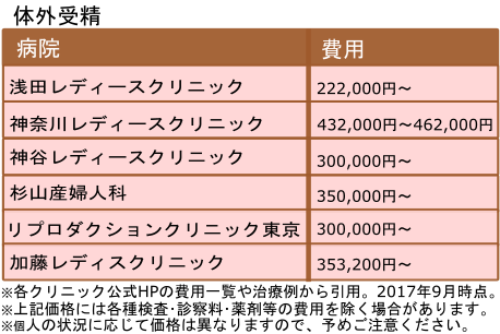 タイトル 体外受精価格一覧表 キャプション